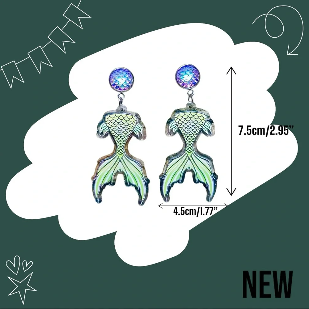 New Relief Double-sided Sparkling Multi-color Mermaid Fishtail Acrylic Earrings - Picture 2 of 8